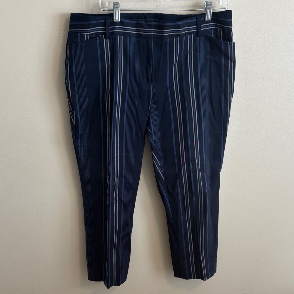Ann Taylor Striped Dress Pants 14 Petite Navy Blue Multi Stripe Crop Trousers
